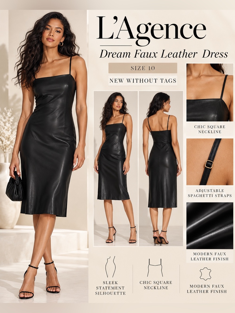 L’Agence Dream Faux Leather Midi Dress Black Size 10 NWOT